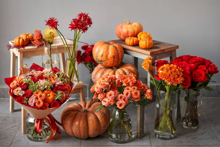 Pumpkins and flowers