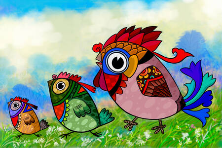 Colorful birds in the meadow