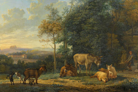 Karel Dujardin: "Landschap met twee ezels, geiten en varkens"