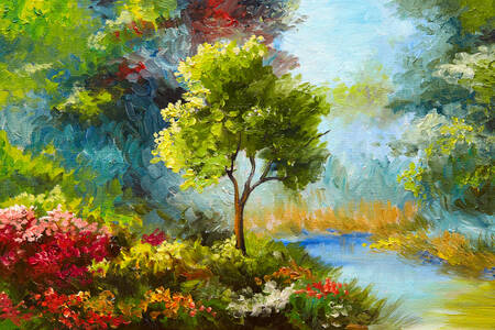 Fiori e alberi presso il ruscello