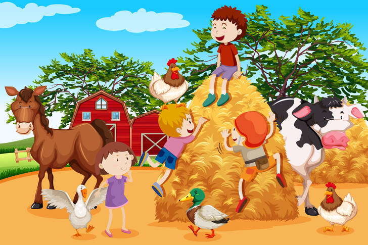 Children playing on the farm